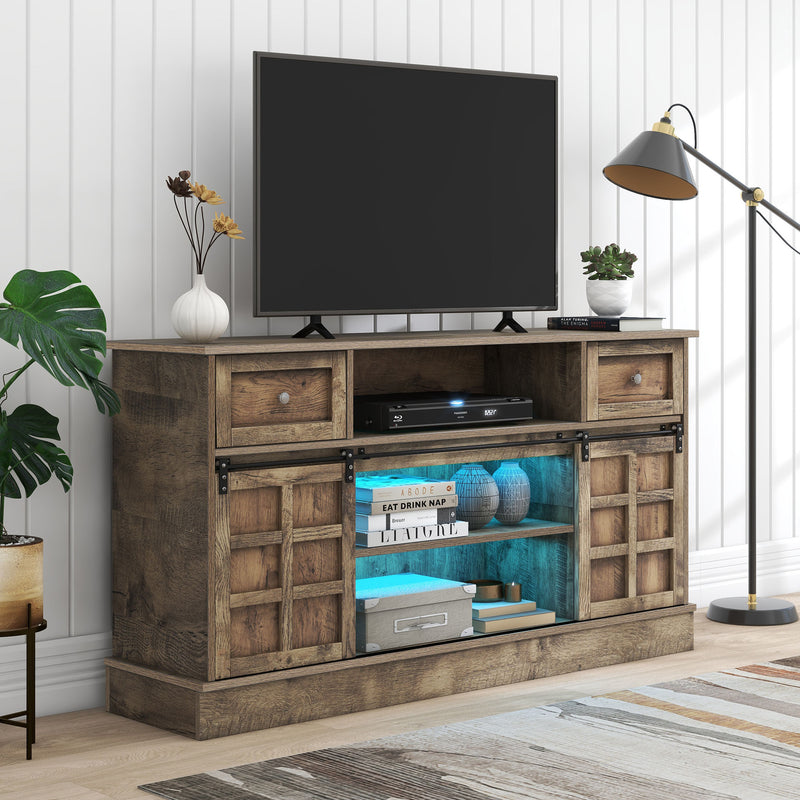 Buffet Meuble TV spécial de 1,5 mètre de long effet bois gris marron avec 2 portes, 2 tiroirs rangement éclairage LED THUNS