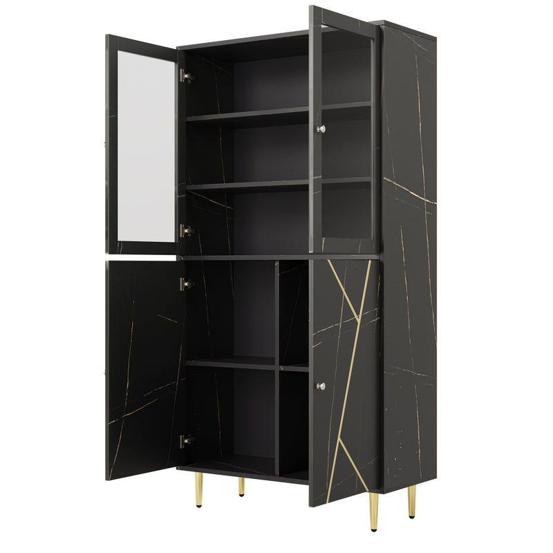 Buffet armoire effet noir avec bandes dorés portes battants rangement LED TROGRIED