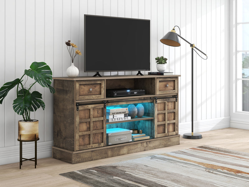 Buffet Meuble TV spécial de 1,5 mètre de long effet bois gris marron avec 2 portes, 2 tiroirs rangement éclairage LED THUNS