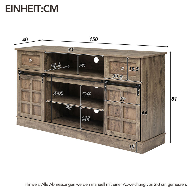 Buffet Meuble TV spécial de 1,5 mètre de long effet bois gris marron avec 2 portes, 2 tiroirs rangement éclairage LED THUNS