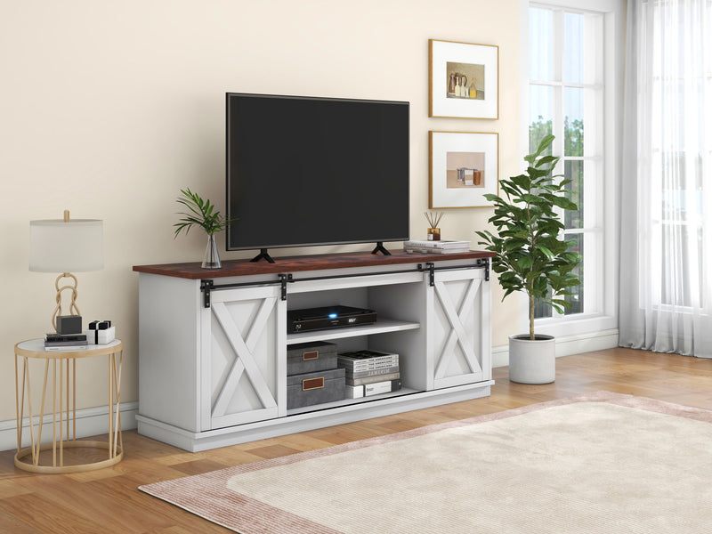 Buffet meuble TV blanc top effet bois noyer 2 portes coulissantes rangements éclairage LED 150*40cm ZALAI