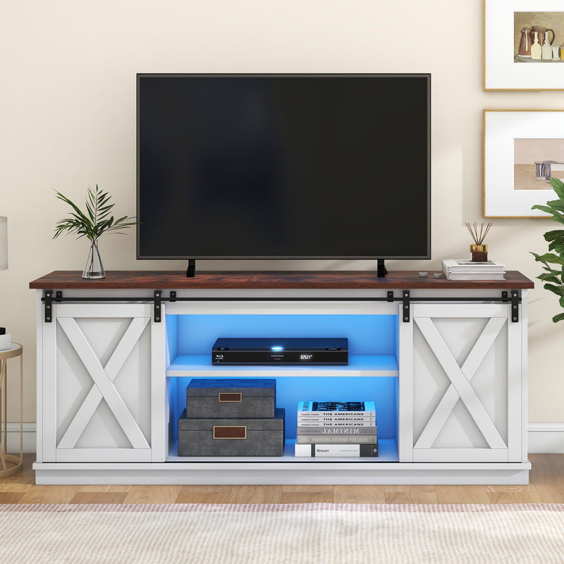 Buffet meuble TV blanc top effet bois noyer 2 portes coulissantes rangements éclairage LED 150*40cm ZALAI