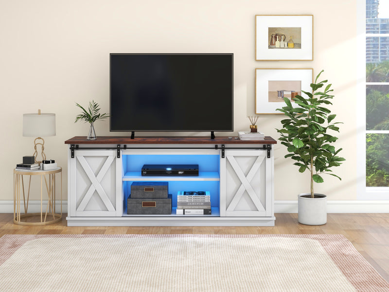 Buffet meuble TV blanc top effet bois noyer 2 portes coulissantes rangements éclairage LED 150*40cm ZALAI