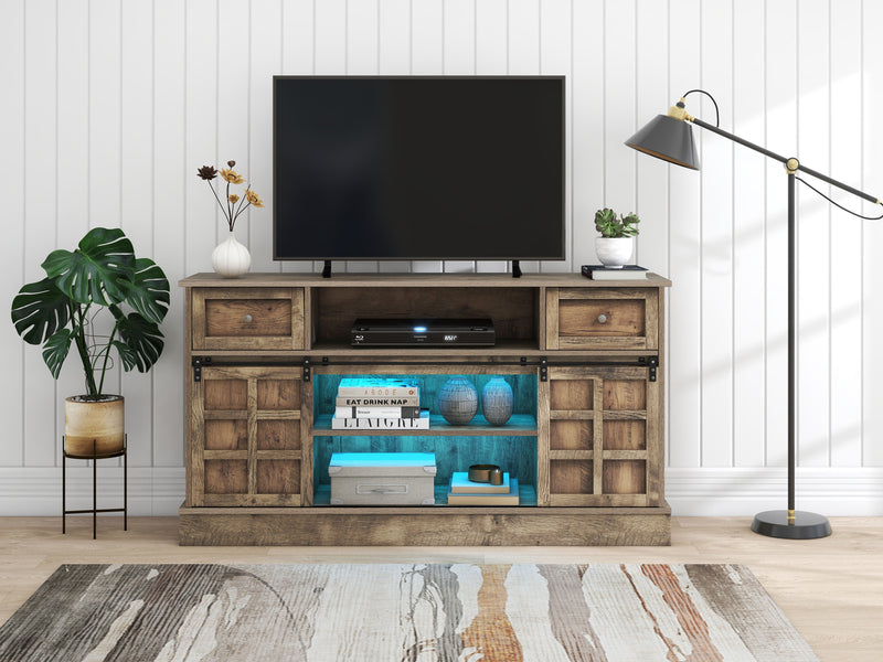 Buffet Meuble TV spécial de 1,5 mètre de long effet bois gris marron avec 2 portes, 2 tiroirs rangement éclairage LED THUNS