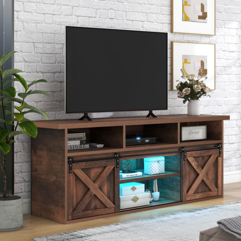 Buffet Meuble TV spécial de 1,5 mètre de long effet bois marron avec 2 portes rangement éclairage LED ZILMOS