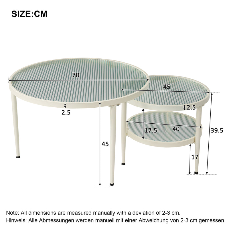 Set aus 2 runden, ineinander steckbaren Couchtischen, Wellglas-Aufbewahrung, weiße Beine UMEALL