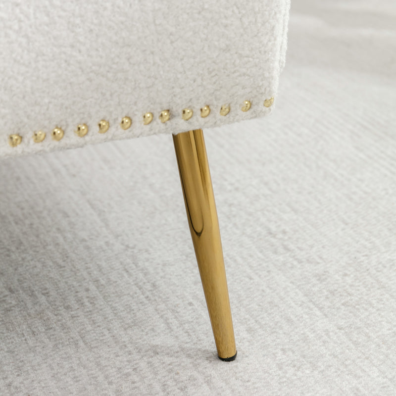 Fauteuil moderne bouclette peluche blanc avec poches latérales rembourré pieds dorés ONARS