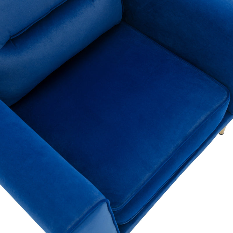 Fauteuil chaise longue rembourré en velours bleu minimaliste moderne et pieds métallique doré NULZU BLUE