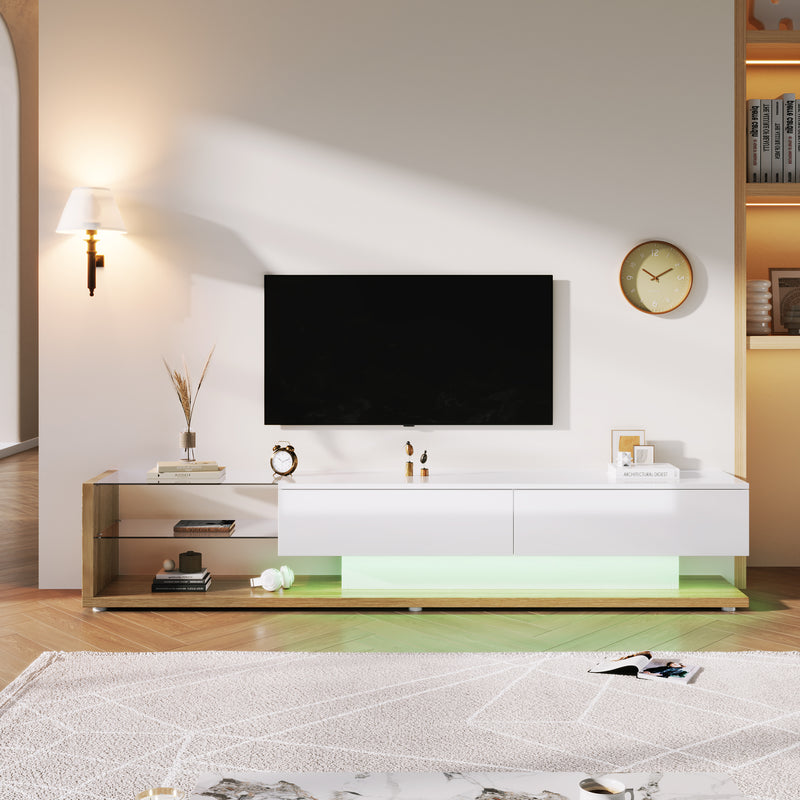 Meubles TV blanc brillant et bois vitrées et éclairage LED variable 170*36*38cm FASLASH