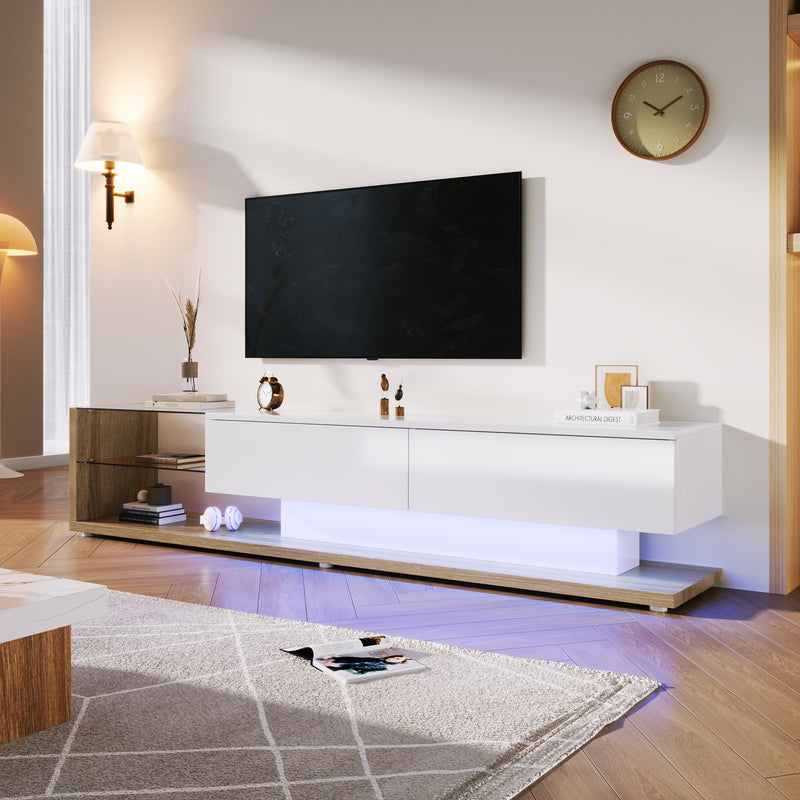 Meubles TV blanc brillant et bois vitrées et éclairage LED variable 170*36*38cm FASLASH