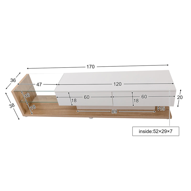 Meubles TV blanc brillant et bois vitrées et éclairage LED variable 170*36*38cm FASLASH