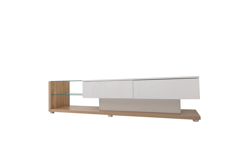 Meubles TV blanc brillant et bois vitrées et éclairage LED variable 170*36*38cm FASLASH