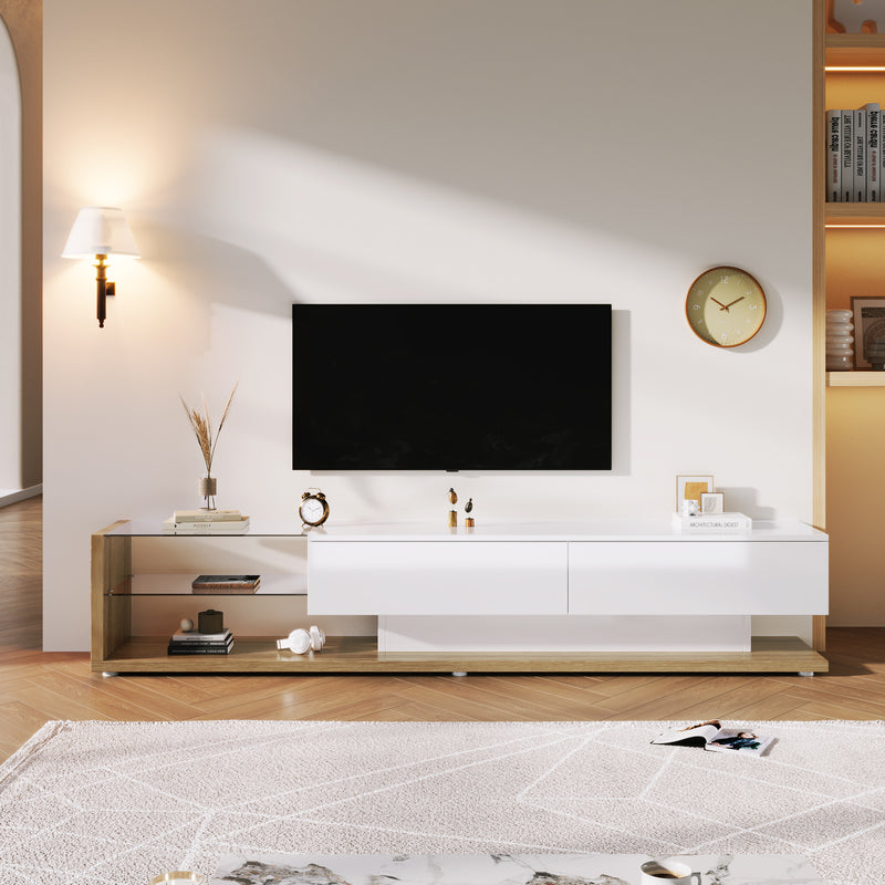 Meubles TV blanc brillant et bois vitrées et éclairage LED variable 170*36*38cm FASLASH