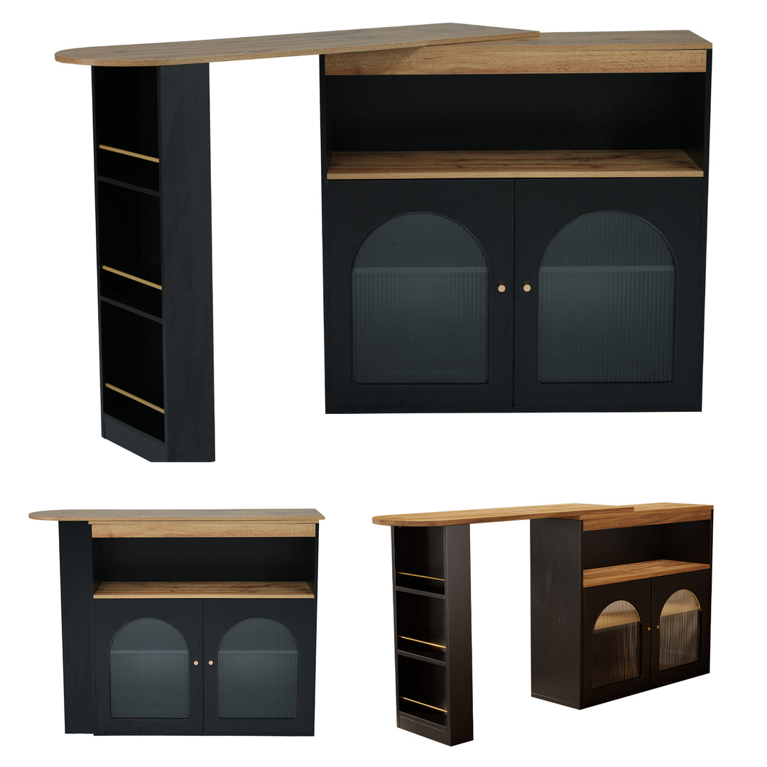 Table De Bar Extensible Avec LED Et USB - Rotative 360° - Rangement Tiroirs - Noir/naturel