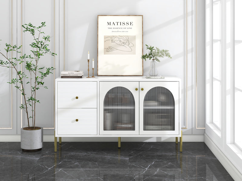Buffet blanc et doré de 120 cm de long avec étagères réglables et plateau effet marbre 2 portes vitrées et 2 tiroirs CHAMPHAE