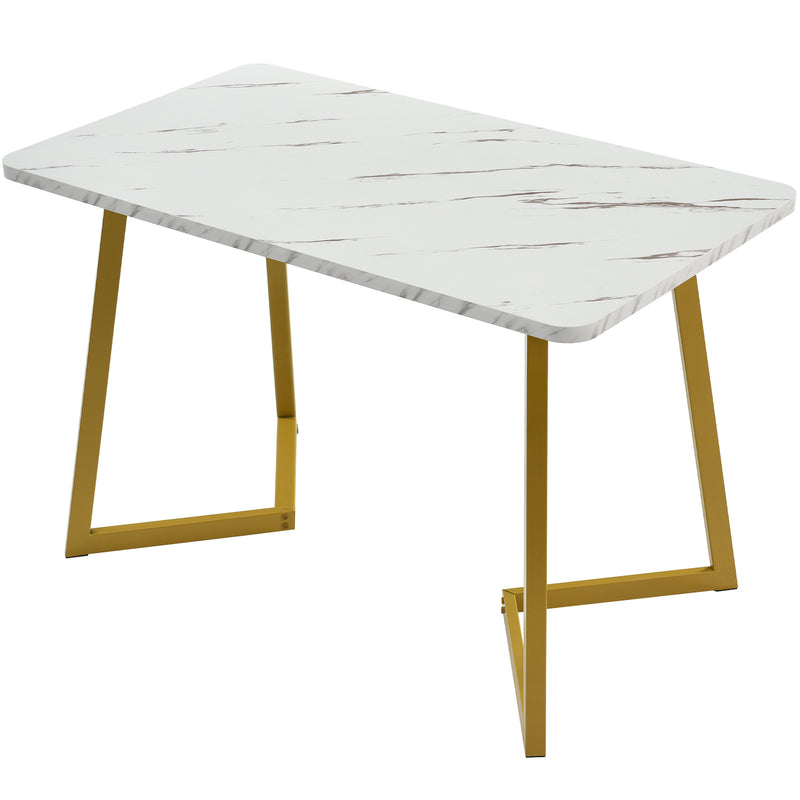 Table salle à manger rectangulaire en motif marbre moderne avec pieds en métal doré/blanc GILQELS GOLD LEG