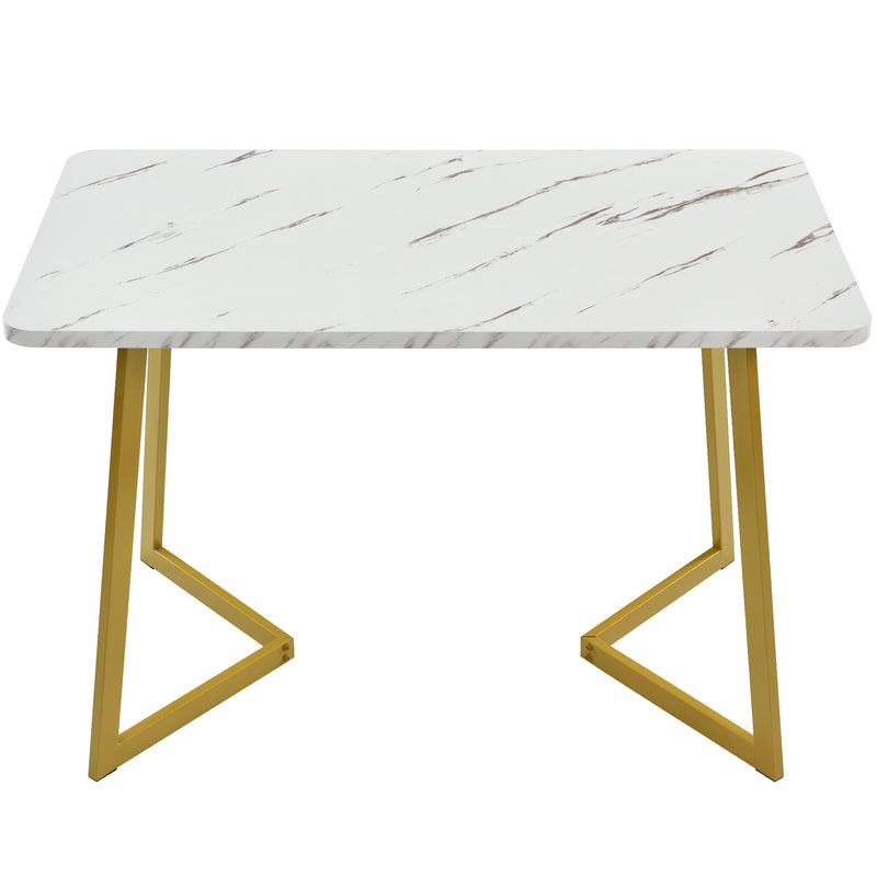 Table salle à manger rectangulaire en motif marbre moderne avec pieds en métal doré/blanc GILQELS GOLD LEG