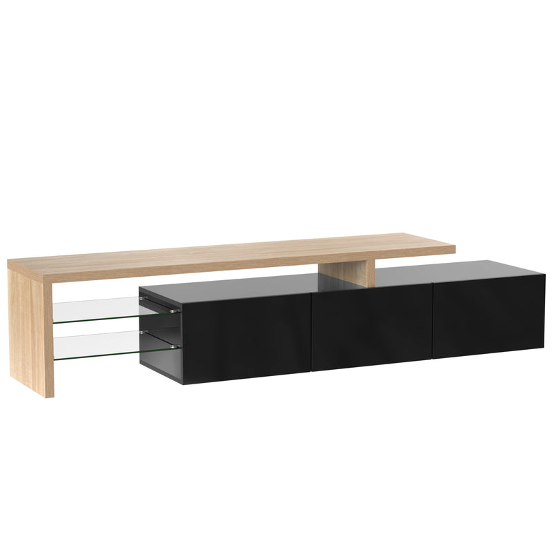 Design de meuble TV moderne noir brillant aspect bois éclairage LED avec 3 portes battantes et étagères en verre rangement NIKRID
