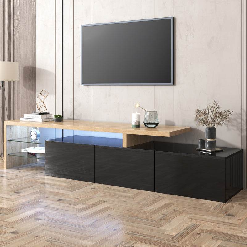 Design de meuble TV moderne noir brillant aspect bois éclairage LED avec 3 portes battantes et étagères en verre rangement NIKRID