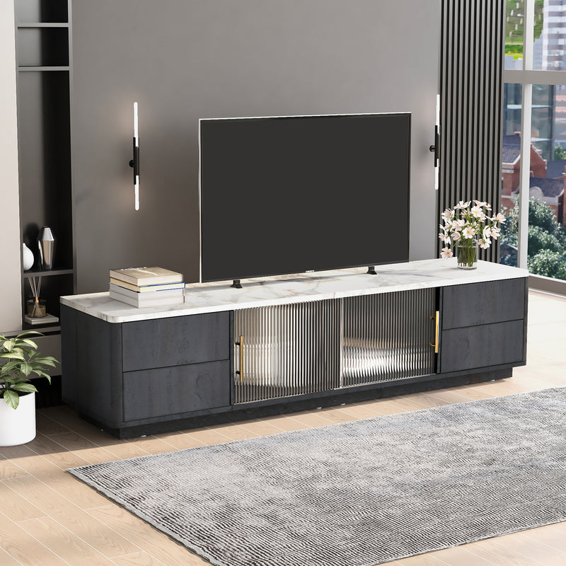 Meuble TV élégant deluxe plateau effet marbré gris portes glissantes en verre à rayures et 4 tiroirs fonction push-to-open L160cm PHOLO