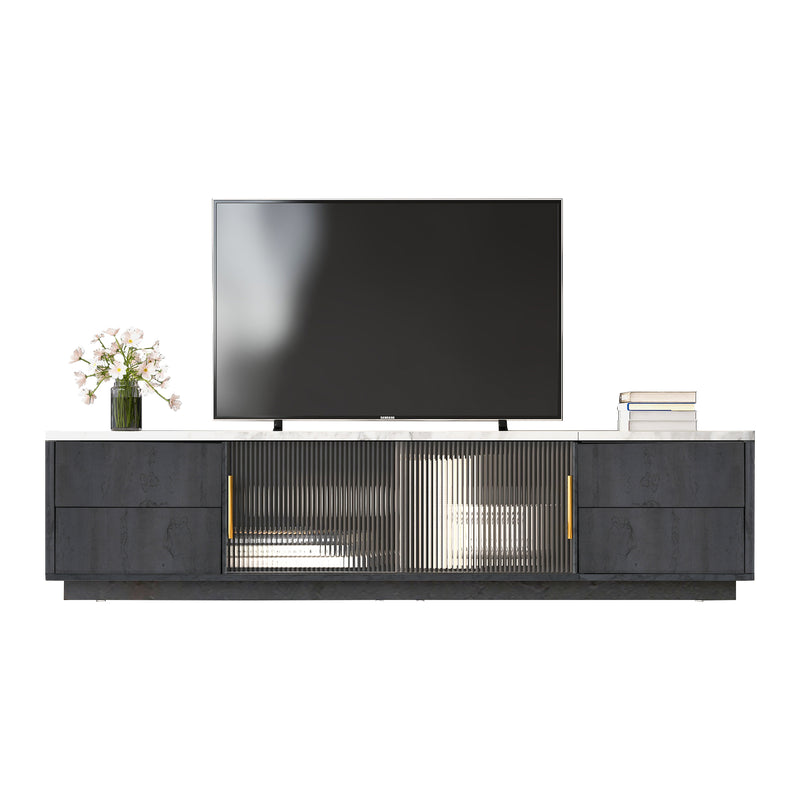 Meuble TV élégant deluxe plateau effet marbré gris portes glissantes en verre à rayures et 4 tiroirs fonction push-to-open L160cm PHOLO