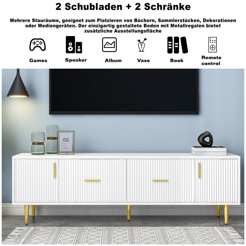 Meuble TV design élégant avec rayures verticales blanc façade poignées dorées avec 2 tiroirs L170 cm DERLA