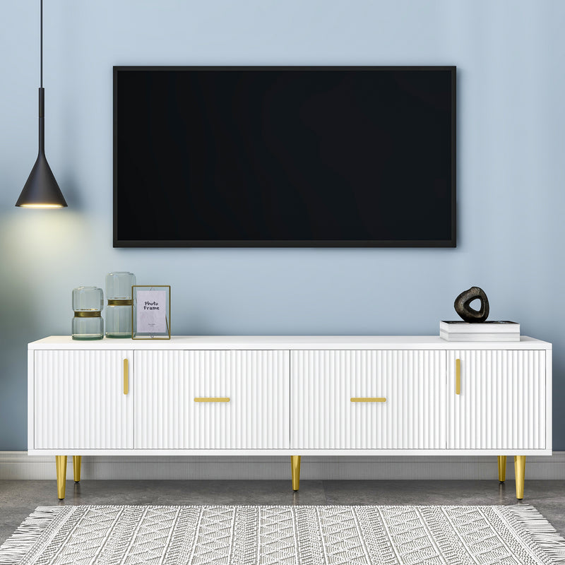 Meuble TV design élégant avec rayures verticales blanc façade poignées dorées avec 2 tiroirs L170 cm DERLA