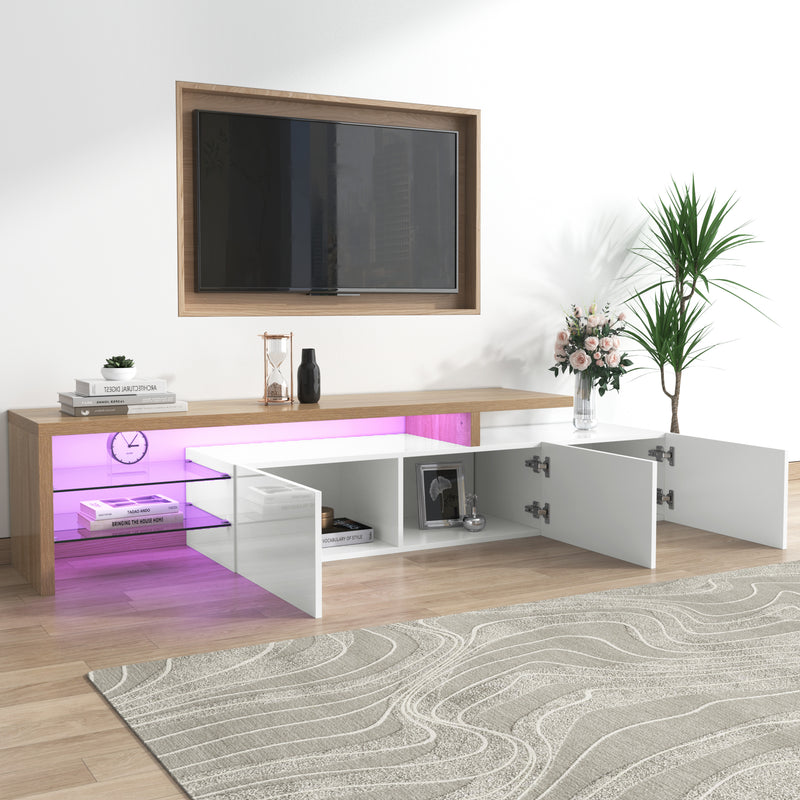 Design de meuble TV moderne blanc brillant aspect bois éclairage LED avec 3 portes battantes et étagères en verre rangement VROKEL