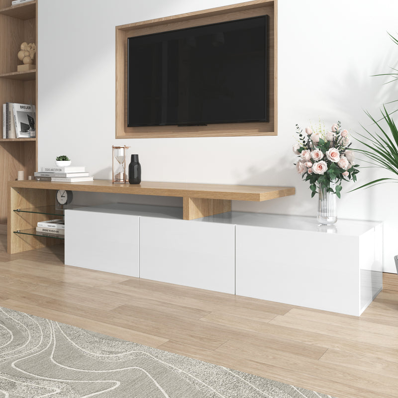 Design de meuble TV moderne blanc brillant aspect bois éclairage LED avec 3 portes battantes et étagères en verre rangement VROKEL