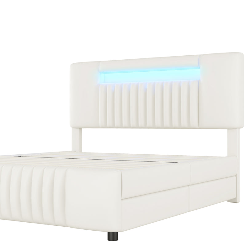 Lits doubles PU beige capitonnés barre lumineuse LED avec 4 tiroirs rangement, tête de lit ajustable, 140x200 CUSCUK