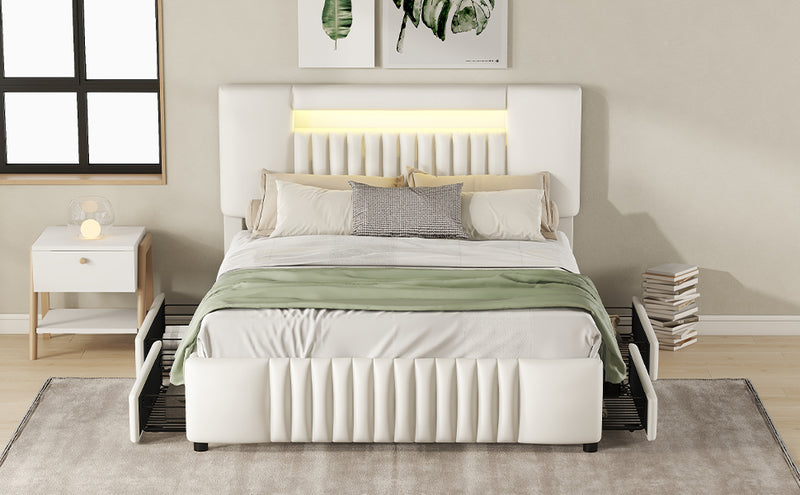 Lits doubles PU beige capitonnés barre lumineuse LED avec 4 tiroirs rangement, tête de lit ajustable, 140x200 CUSCUK