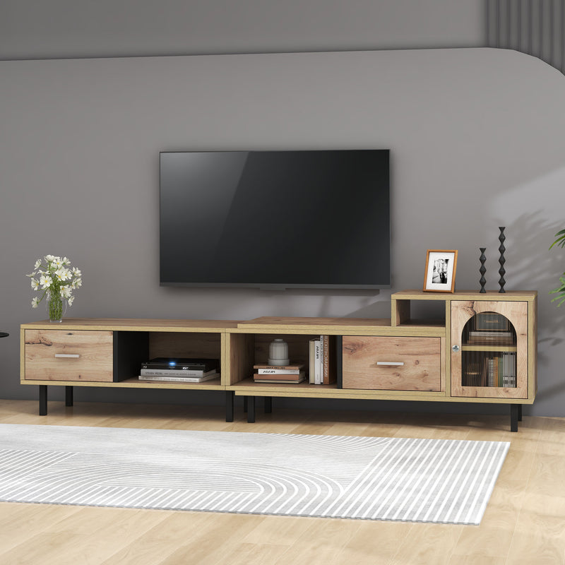 Meuble TV extensible aspect bois - 4 compartiments, 2 tiroirs, porte vitrée, longueur variable 200-278cm QUVRUX