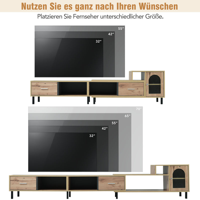 Meuble TV extensible aspect bois - 4 compartiments, 2 tiroirs, porte vitrée, longueur variable 200-278cm QUVRUX