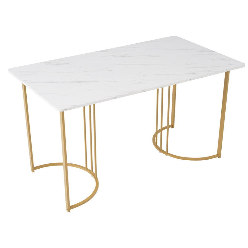 Table de salle à manger rectangulaire moderne en motif marbre blanc pieds dorés 140x80 cm ZUNCAX