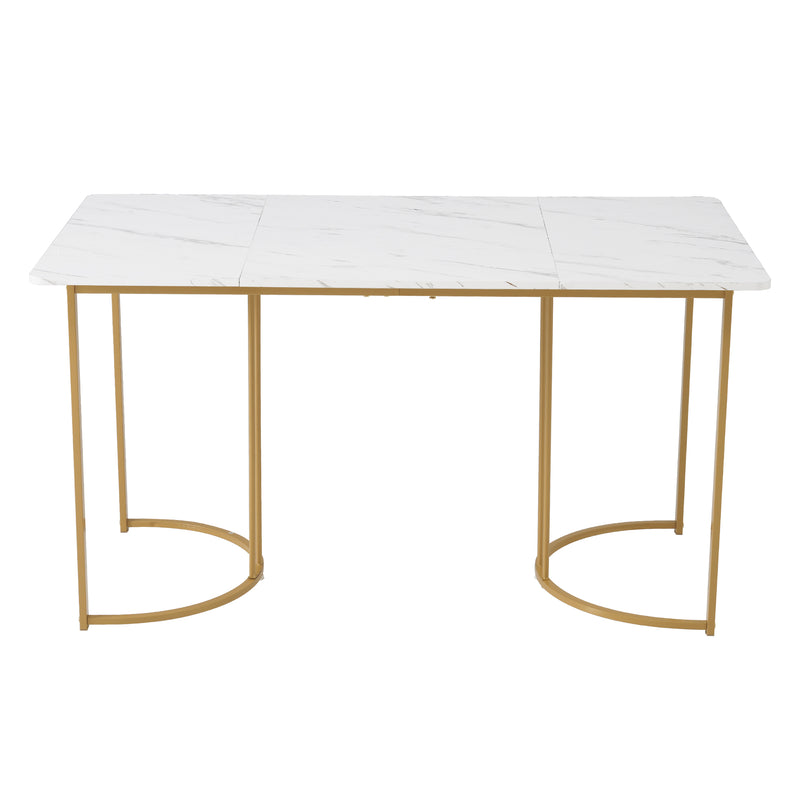 Table de salle à manger rectangulaire moderne en motif marbre blanc pieds dorés 140x80 cm ZUNCAX