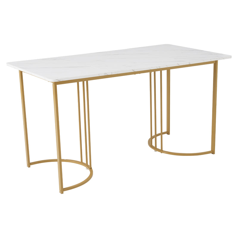 Table de salle à manger rectangulaire moderne en motif marbre blanc pieds dorés 140x80 cm ZUNCAX