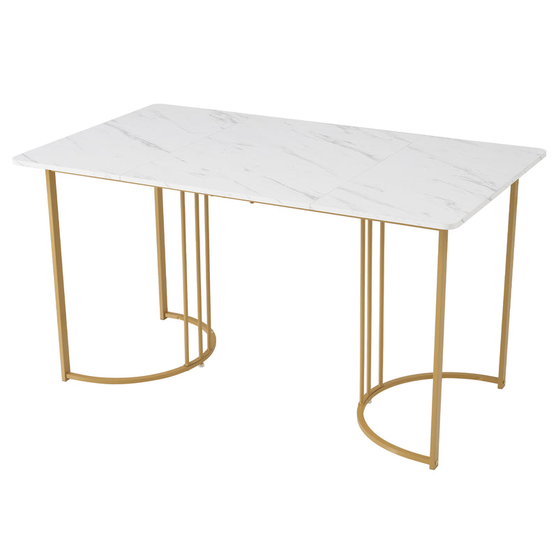 Table de salle à manger rectangulaire moderne en motif marbre blanc pieds dorés 140x80 cm ZUNCAX