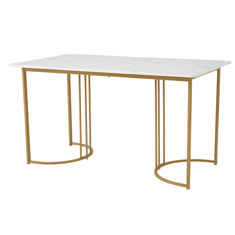 Table de salle à manger rectangulaire moderne en motif marbre blanc pieds dorés 140x80 cm ZUNCAX