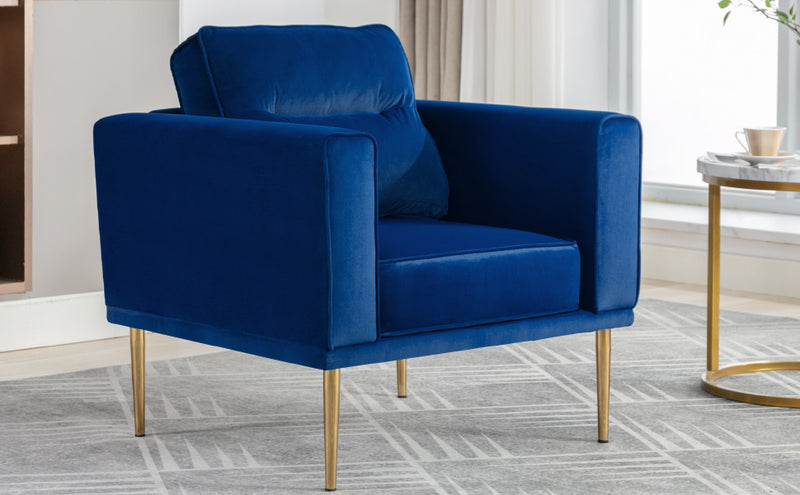 Fauteuil chaise longue rembourré en velours bleu minimaliste moderne et pieds métallique doré NULZU BLUE