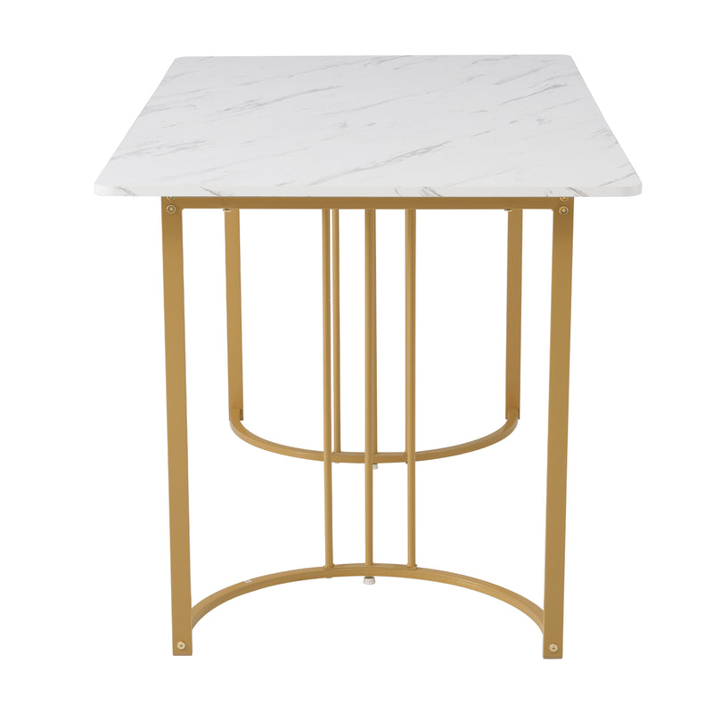 Table de salle à manger rectangulaire moderne en motif marbre blanc pieds dorés 140x80 cm ZUNCAX