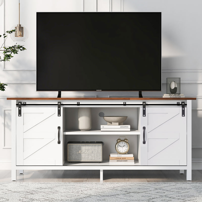 Buffet meuble TV blanc effet bois noyer marron vintage 2 portes coulissantes étagères 120x40x60,5cm CRAGVEOD