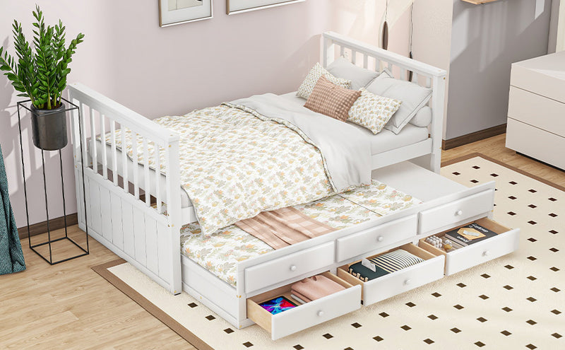 Lit simple lit enfant gigogne blanc en bois avec 3 tiroirs 90x200cm(90x190cm) LEINA