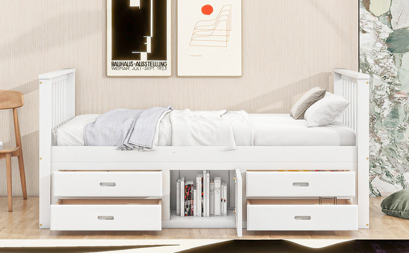 Lit enfant plateforme bois blanc lit enfant avec 4 tiroirs, un placard de rangement 90x200cm LENDIEH