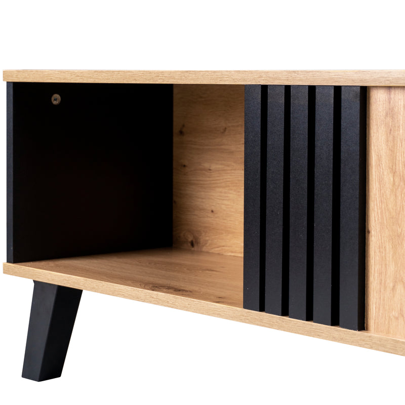 Table basse rectangulaire industriel effet bois et noir rangement 3 cotés 100x60x53cm TRONNEALL