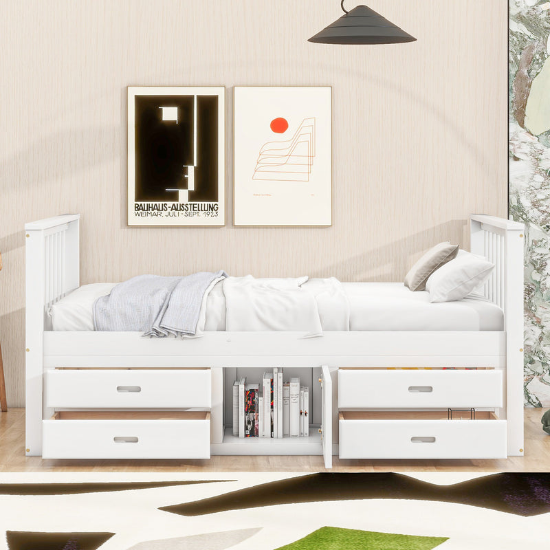 Lit simple plateforme bois blanc lit enfant avec 4 tiroirs, un placard de rangement 90x200cm LENDIEH