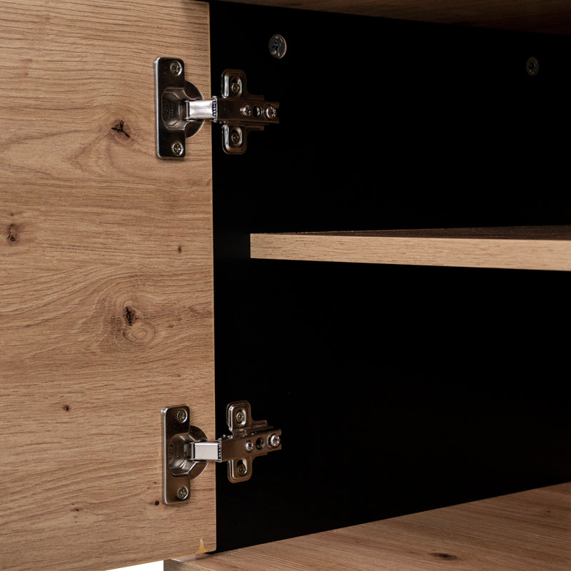 Meuble TV industriel au design bois et noir avec tiroirs diverses fonctions de rangement aspect unique L172cm VRAASTRIK