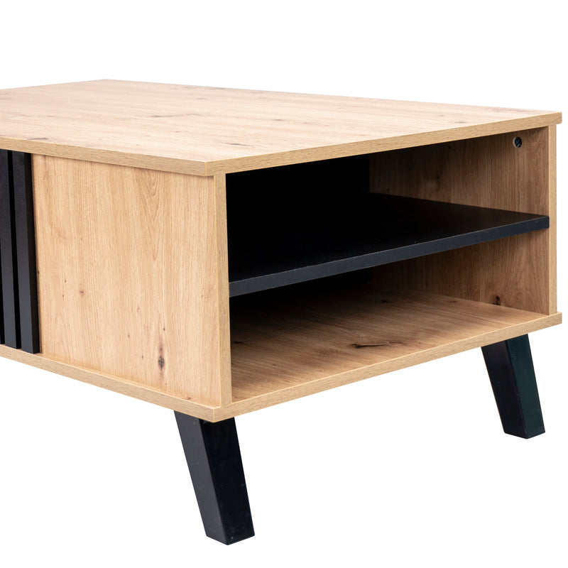 Table basse rectangulaire industriel effet bois et noir rangement 3 cotés 100x60x53cm TRONNEALL