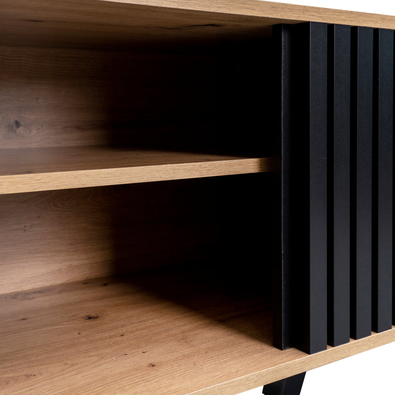 Meuble TV industriel au design bois et noir avec tiroirs diverses fonctions de rangement aspect unique L172cm VRAASTRIK