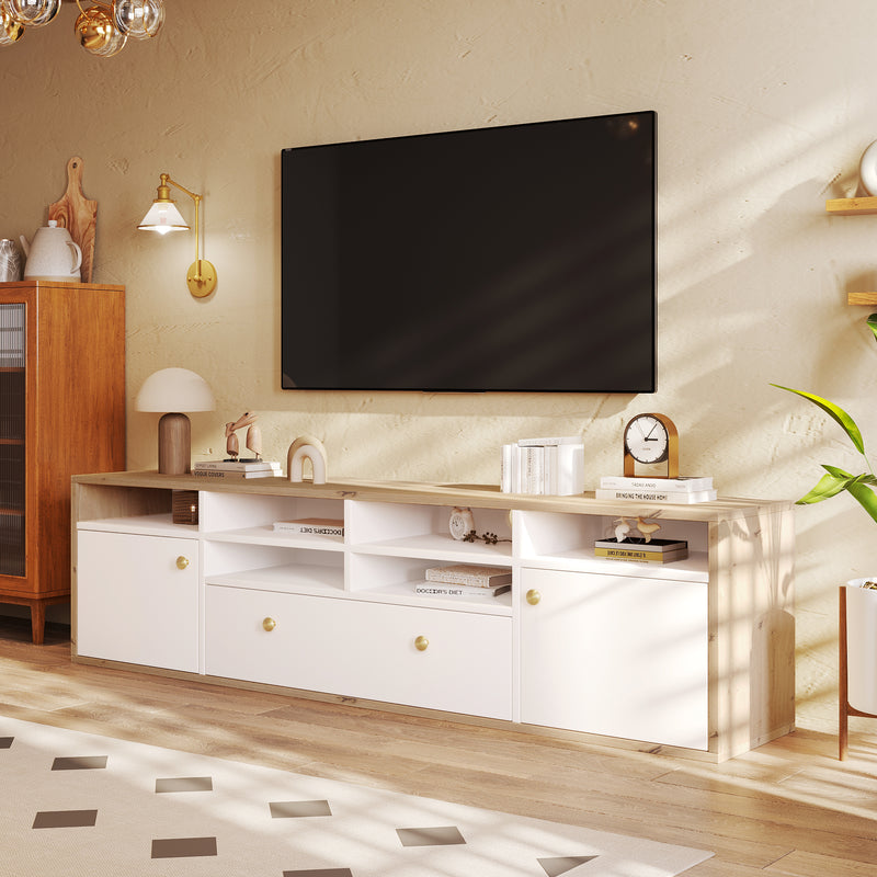 Meuble TV moderne  en bois et blanc avec poignées dorées et généreux rangements 178*35*49VRIVEID