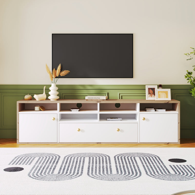 Meuble TV moderne  en bois et blanc avec poignées dorées et généreux rangements 178*35*49VRIVEID
